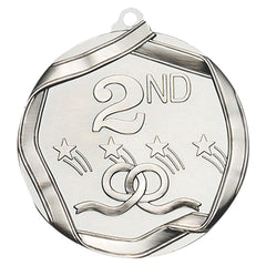 Elite Series 2nd Place Medal – Antique Silver finish with 2nd place text, stars, and ribbon design