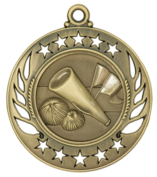 Antique gold medal with cheer megaphone, pom-poms, and flags surrounded by star border.