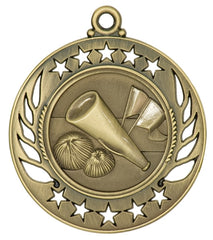 Antique gold medal with cheer megaphone, pom-poms, and flags surrounded by star border.