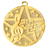Gold Music Achievement Medal featuring a five-pointed star, treble clef, musical notes, and small embossed stars, perfect for recognizing excellence in music and musical achievements