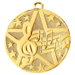 Gold Music Achievement Medal featuring a five-pointed star, treble clef, musical notes, and small embossed stars, perfect for recognizing excellence in music and musical achievements