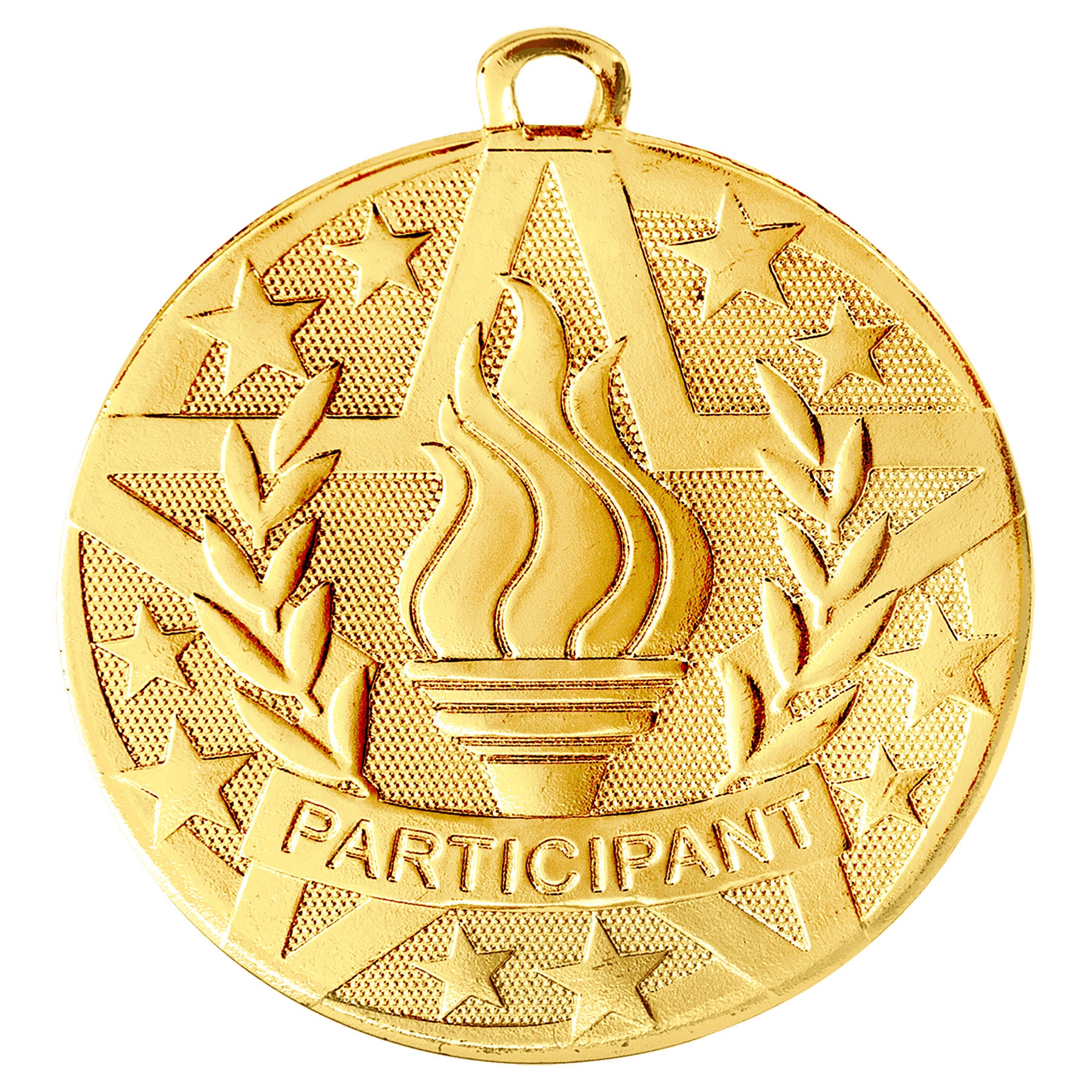 Gold Participant Medal featuring a stylized flame within a starburst pattern, laurel wreaths, and the word 'PARTICIPANT' along with five stars on the perimeter