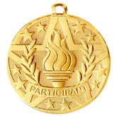 Gold Participant Medal featuring a stylized flame within a starburst pattern, laurel wreaths, and the word 'PARTICIPANT' along with five stars on the perimeter