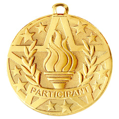 Gold Participant Medal featuring a stylized flame within a starburst pattern, laurel wreaths, and the word 'PARTICIPANT' along with five stars on the perimeter