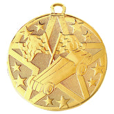 Gold Pinewood Derby Medal featuring a Pinewood Derby car, crossed checkered flags, and a background of stars, perfect for celebrating victory in Pinewood Derby races and scout competitions.