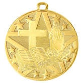 Gold Faith Achievement Medal featuring a cross, praying hands, and an open bible, perfect for religious achievements and spiritual recognitions