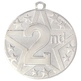 Silver 2nd Place Medal with bold star design, featuring a customizable engraving area and neck ribbon.