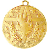 "Gold Flaming Torch Medal with a stylized flaming torch, wheat stalks, and stars symbolizing athletic achievement and victory."
