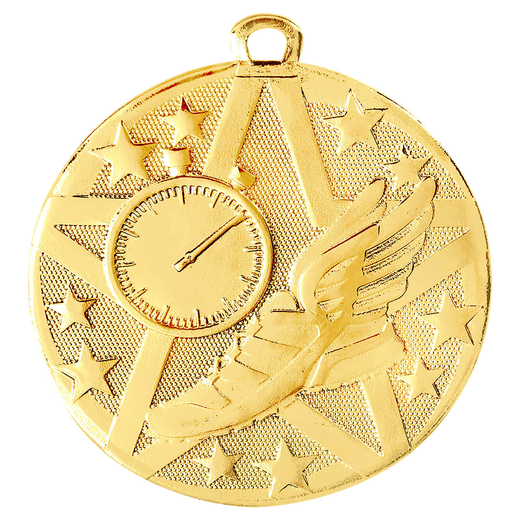 Gold Track Medal with stopwatch and track spikes, featuring a customizable engraving area and neck ribbon.