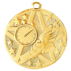 Gold Track Medal with stopwatch and track spikes, featuring a customizable engraving area and neck ribbon.