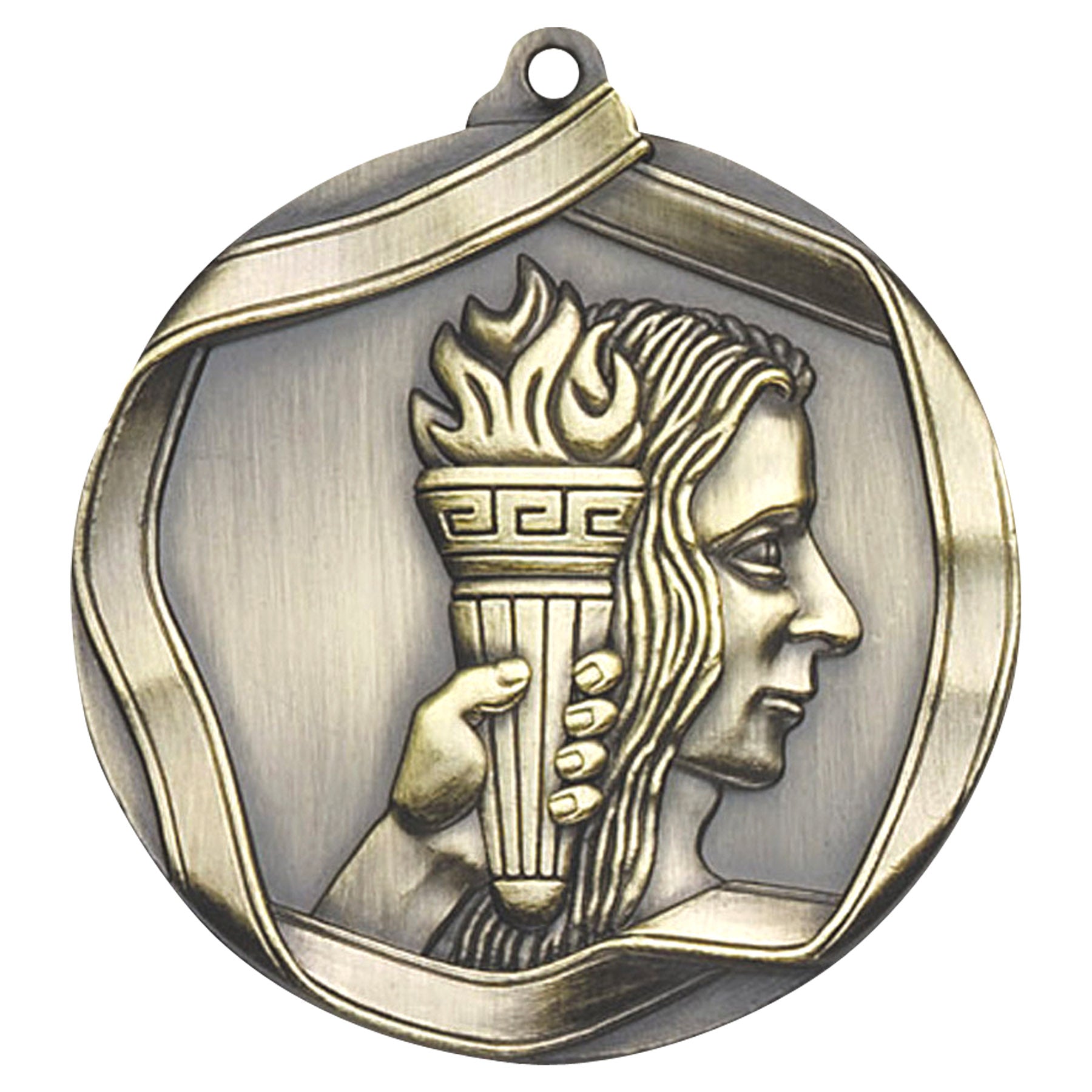 Antique gold achievement medal with profile and raised torch design