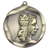 Antique gold achievement medal with profile and raised torch design