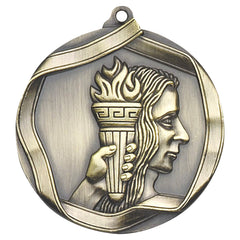 Antique gold achievement medal with profile and raised torch design