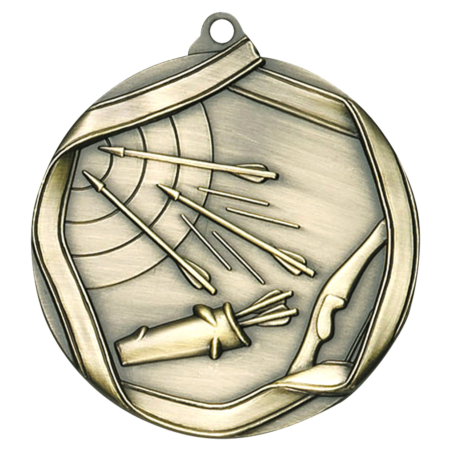 Antique gold archery medal with arrows, bow, and target design