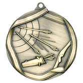 Antique gold archery medal with arrows, bow, and target design