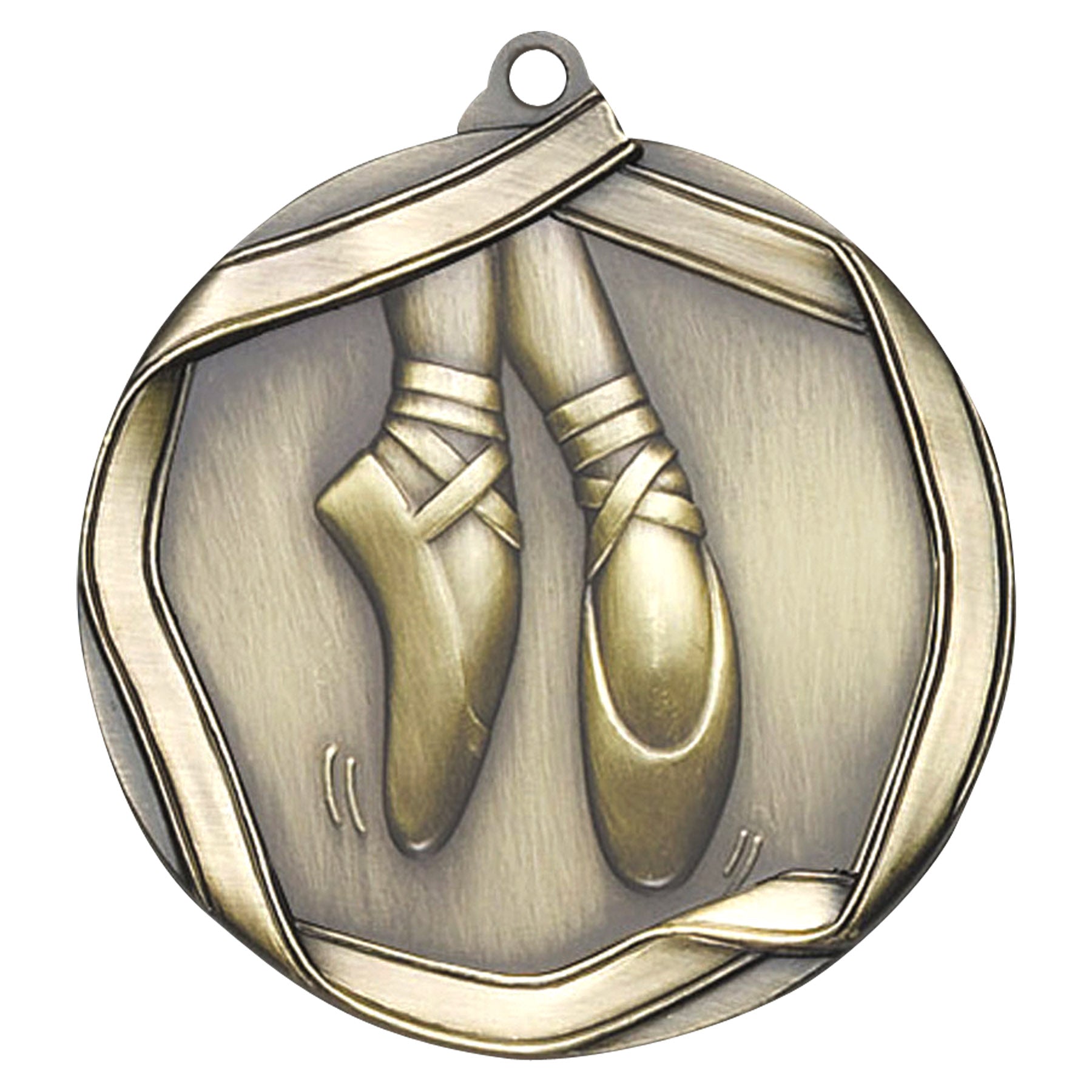 Antique gold ballerina medal with ballet slippers en pointe and ribbon border.