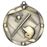 Antique gold medal with 3D baseball, bat, helmet, and field design.