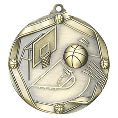 Antique gold medal with 3D basketball, hoop, and court design.