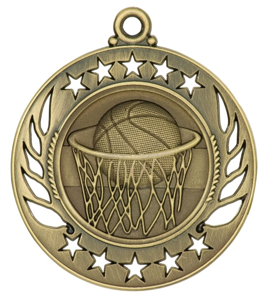Antique gold medal with basketball going through a hoop, framed by star border.