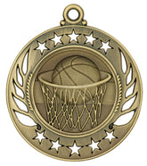 Antique gold medal with basketball going through a hoop, framed by star border.