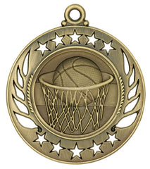 Antique gold medal with basketball going through a hoop, framed by star border.