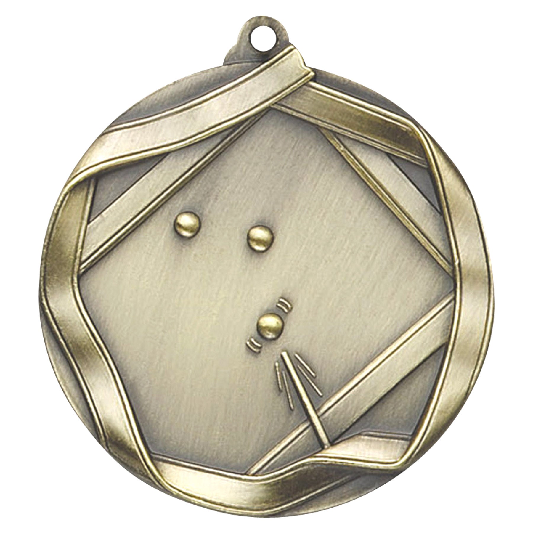 Antique gold medal with 3D billiard balls and cue stick design.