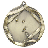 Antique gold medal with 3D billiard balls and cue stick design.