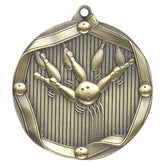 Antique gold medal with 3D bowling ball striking pins inside an octagon border.