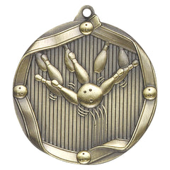Antique gold medal with 3D bowling ball striking pins inside an octagon border.