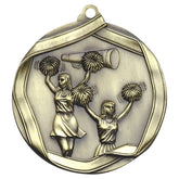 Antique gold cheerleading medal with two cheerleaders, pom-poms, and megaphone