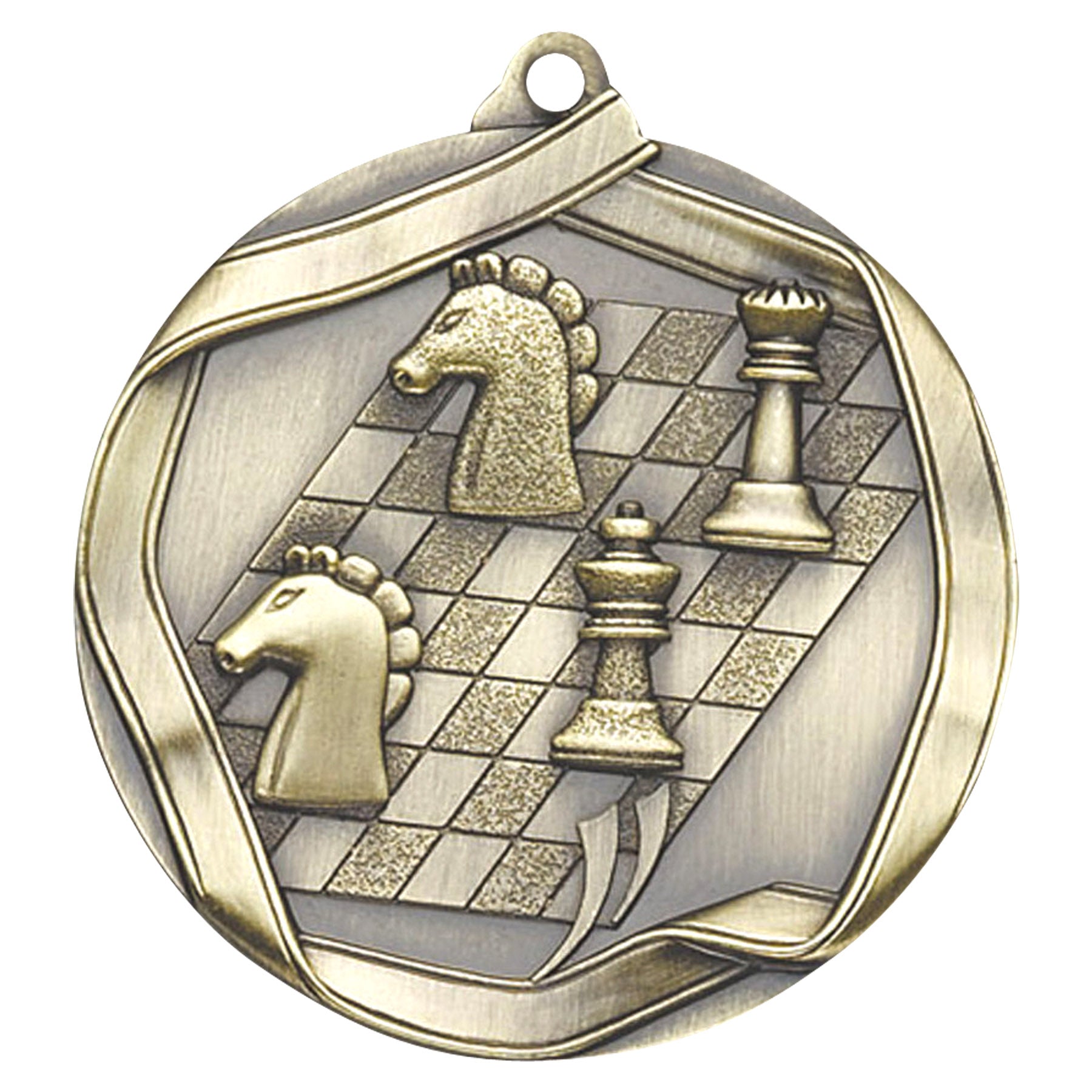Antique gold medal with chessboard and 3D knight, king, and queen design.