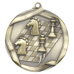 Antique gold medal with chessboard and 3D knight, king, and queen design.