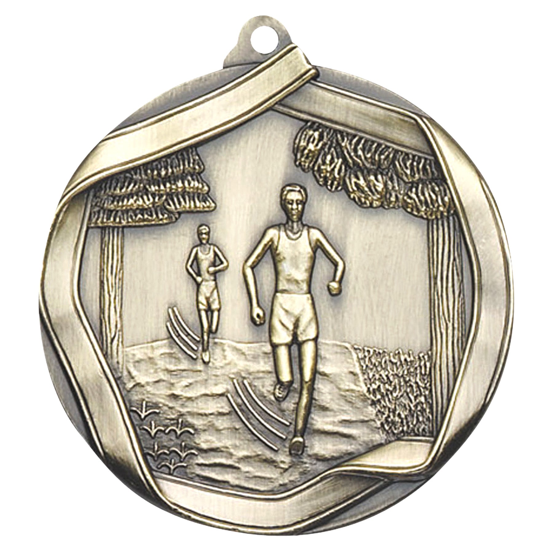 Cross Country Elite medal – antique gold finish with running shoes and wing design