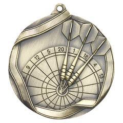 Antique gold darts medal with three darts hitting the bullseye on a dartboard
