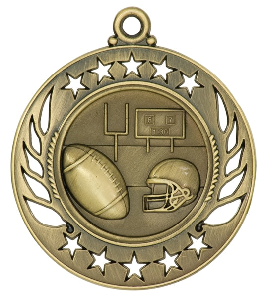 Antique gold medal with football, helmet, goalposts, and scoreboard surrounded by star border.