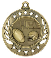 Antique gold medal with football, helmet, goalposts, and scoreboard surrounded by star border.