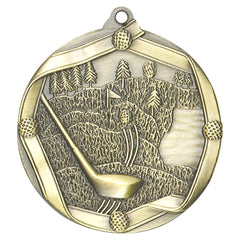 Elite Series golf medal in antique gold with golf club, ball, and scenic course design.