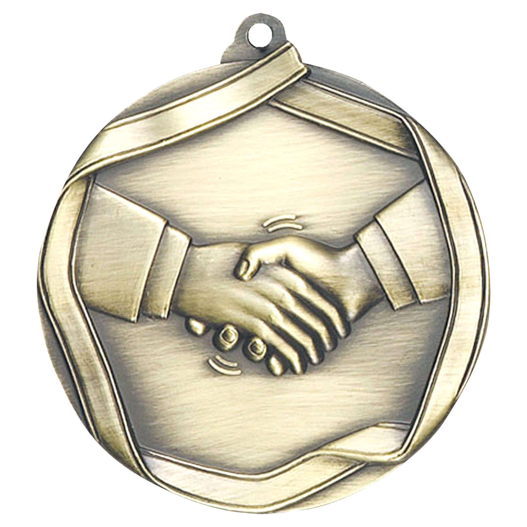 Handshake Elite Medal – Antique gold medal depicting a handshake symbolizing unity and agreement.