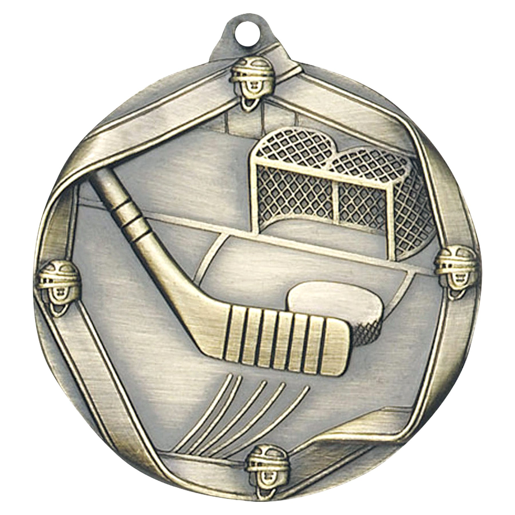 Hockey Elite medal – antique gold finish with hockey sticks and puck design