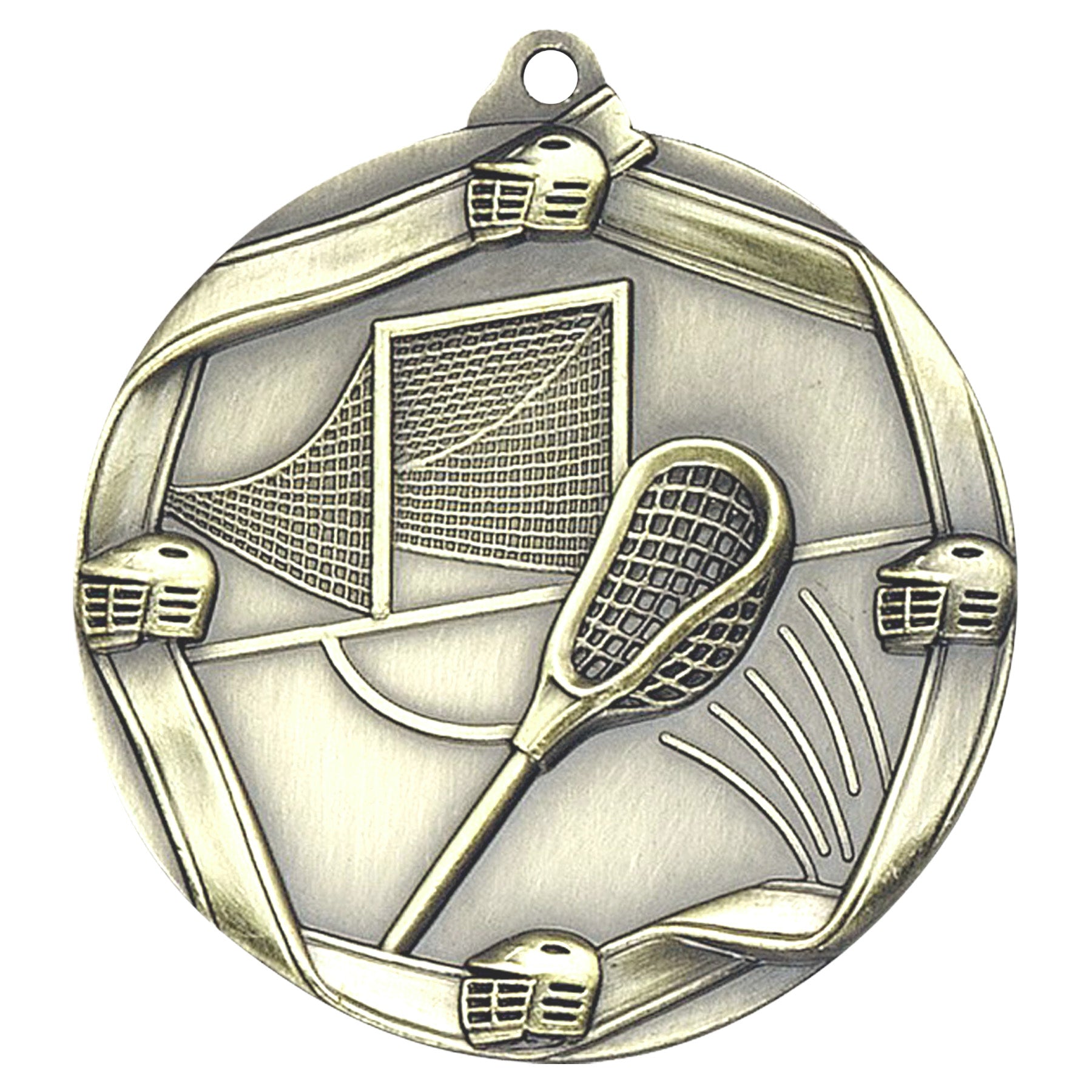 Lacrosse Elite Medal – Antique gold medal featuring lacrosse sticks, helmets, and goal net design.