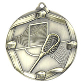 Lacrosse Elite Medal – Antique gold medal featuring lacrosse sticks, helmets, and goal net design.