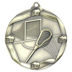 Lacrosse Elite Medal – Antique gold medal featuring lacrosse sticks, helmets, and goal net design.