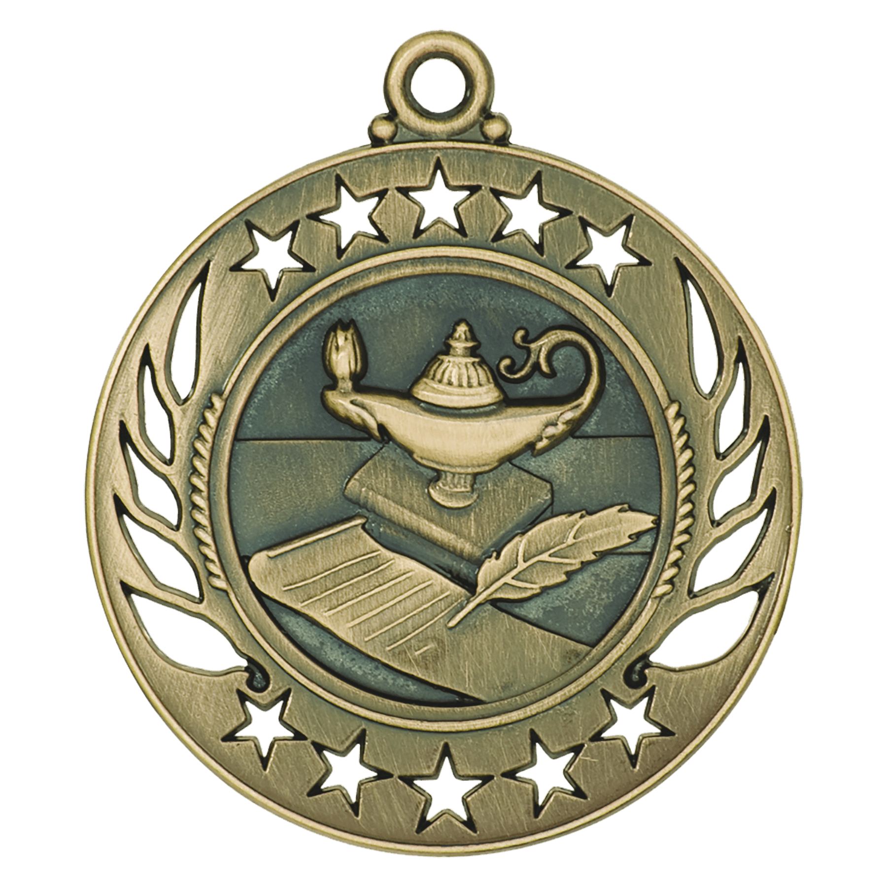 Antique gold medal with lamp of knowledge, book, and quill surrounded by star border.