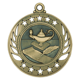 Antique gold medal with lamp of knowledge, book, and quill surrounded by star border.