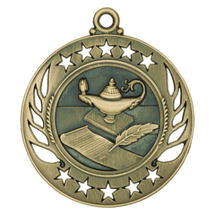Antique gold medal with lamp of knowledge, book, and quill surrounded by star border.