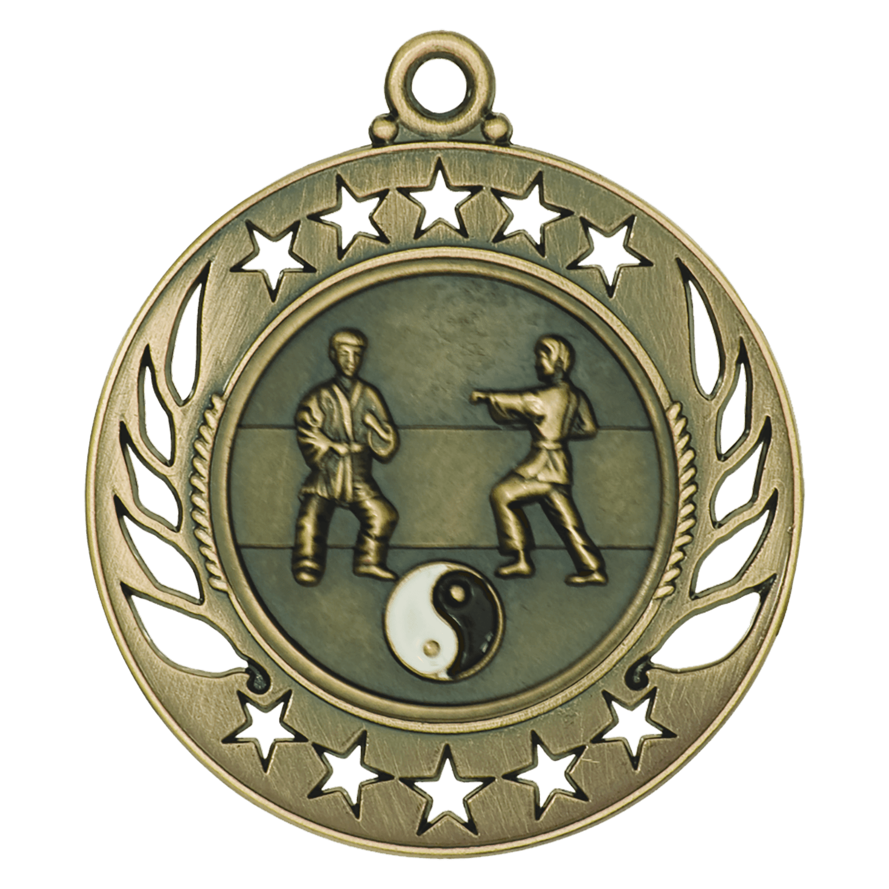 Antique gold Galaxy Martial Arts Medal with two fighters and yin–yang symbol, star border.