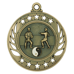 Antique gold Galaxy Martial Arts Medal with two fighters and yin–yang symbol, star border.