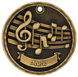 Antique gold 3D music medal with treble clef and notes on staff.