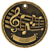 Antique gold 3D music medal with treble clef and notes on staff.