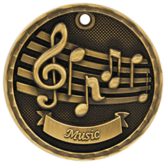 Antique gold 3D music medal with treble clef and notes on staff.